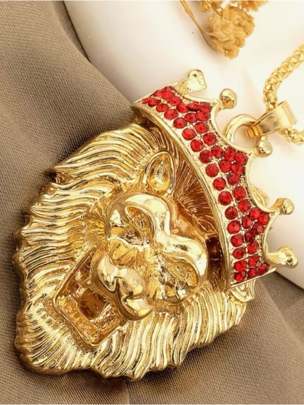 Betsey Johnson Gold Lion Pendant Necklace with Red Crown